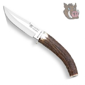 Cuchillo de caza Joker CC71 con puño de asta de ciervo curvo y funda de piel marrón