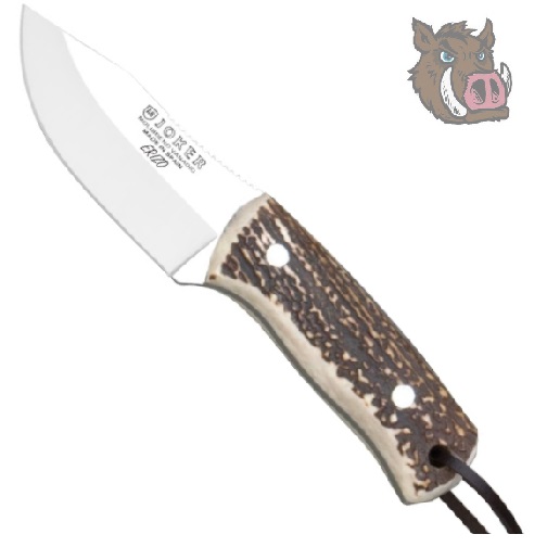 Cuchillo de caza joker CC75 con cachas de asta de ciervo y funda de piel marrón